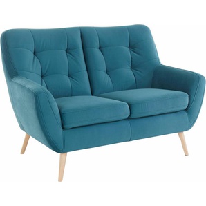 2-Sitzer EXXPO - SOFA FASHION Scandi, bequem, aufwendige Rückenpolsterung für mehr Sitzkomfort Sofas Gr. B/H/T: 137cm x 92cm x 92cm, Struktur, 2-Sitzer, blau (türkis) akuelle Farben in hochwertige Bezugsqualitäten, Holzfuß