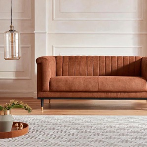 2-Sitzer GUIDO MARIA KRETSCHMER HOME & LIVING Chamby Sofas Gr. B/H/T: 180cm x 71cm x 85cm, Luxus-Microfaser Lederoptik, braun (cognac) mit Holzrahmen unten und Steppung im Lehnenbereich