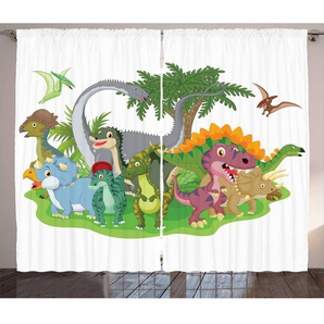 Rustikaler Vorhang, Cartoon-Gruppe Dinosaurier, Bunt, Mehrfarbig