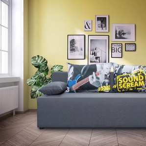 3-Sitzer EXXPO - SOFA FASHION Tabou Sound Scream Sofas Gr. B/H/T: 193cm x 88cm x 85cm, Luxus-Microfaser, mit Bettfunktion und Bettkasten, grau (grau-gelb) mit Schlaffunktion und Bettkasten, inkl. loser Zier- Rückenkissen