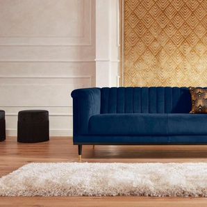 3-Sitzer GUIDO MARIA KRETSCHMER HOME & LIVING Chamby Sofas Gr. B/H/T: 210cm x 71cm x 85cm, Samtoptik, blau (dunkelblau) mit Holzrahmen unten und Steppung im Lehnenbereich