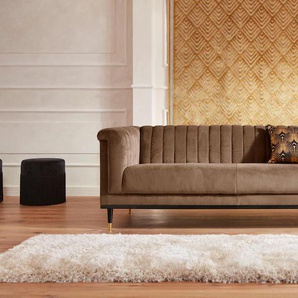 3-Sitzer GUIDO MARIA KRETSCHMER HOME & LIVING Chamby Sofas Gr. B/H/T: 210cm x 71cm x 85cm, Samtoptik, braun (hellbraun) mit Holzrahmen unten und Steppung im Lehnenbereich