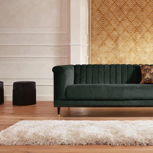 3-Sitzer GUIDO MARIA KRETSCHMER HOME & LIVING Chamby Sofas Gr. B/H/T: 210cm x 71cm x 85cm, Samtoptik, grün (dunkelgrün) mit Holzrahmen unten und Steppung im Lehnenbereich