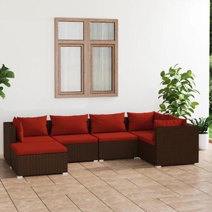 6-Tlg. Garten-Lounge-Set Mit Auflagen Poly Rattan Braun Braun Und Rot | Modell: 3x Eckteil + 2x Mittelteil + Fußstütze