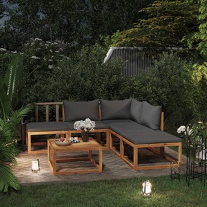 6-Tlg. Garten-Lounge-Set Mit Kissen Massivholz Akazie | Kissenfarbe: Dunkelgrau | Modell: Eckteil + 2x Mittelteil + 2x Fußstütze + Tisch