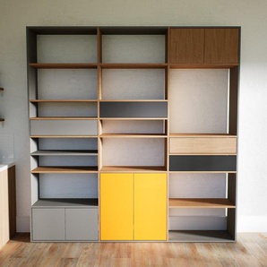 Aktenregal Eiche - Büroregal: Schubladen in Grau & Türen in Grau - Hochwertige Materialien - 226 x 232 x 34 cm, konfigurierbar