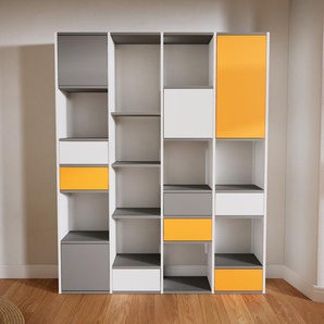 Aktenregal Grau - Büroregal: Schubladen in Weiß & Türen in Grau - Hochwertige Materialien - 156 x 194 x 34 cm, konfigurierbar