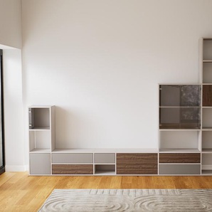 Aktenregal Nussbaum - Büroregal: Schubladen in Grau & Türen in Kristallglas klar - Hochwertige Materialien - 377 x 232 x 34 cm, konfigurierbar