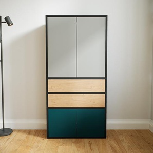 Aktenschrank Grau - Büroschrank: Schubladen in Eiche & Türen in Blaugrün - Hochwertige Materialien - 77 x 156 x 34 cm, Modular