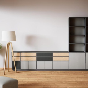 Aktenschrank Grau - Büroschrank: Schubladen in Eiche & Türen in Grau - Hochwertige Materialien - 414 x 238 x 34 cm, Modular