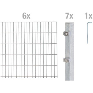 ALBERTS Doppelstabmattenzaun Grundset Zaunelemente Höhe: 80 - 160 cm, Gesamtlänge: 4 - 30 m, zum Einbetonieren Gr. H/L: 140 cm x 12 m, Pfosten: 7 St., silberfarben