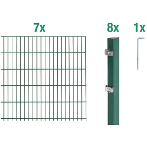 ALBERTS Doppelstabmattenzaun Grundset Zaunelemente Höhe: 80 - 160 cm, Gesamtlänge: 4 - 30 m, zum Einbetonieren Gr. H/L: 160cm x 14 m, Pfosten: 8 St., grün