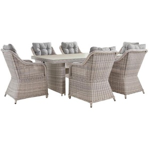 Ambia Garden Dining-Loungeset, Hellgrau, Dunkelgrau, Metall, Kunststoff, Glas, Textil, Füllung: Schaumstoff,Polyester, rund, 200x74x100 cm, Tisch mit Glasplatte, Loungemöbel, Loungemöbel-Sets