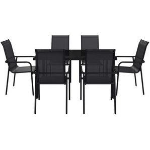 Ambia Garden Gartenset, Grau, Metall, Glas, Textil, 7-teilig, 284x204x100 cm, wetterbeständig, Stühle stapelbar, Tisch mit Glasplatte, Balkonmöbel, Balkonmöbel-Sets