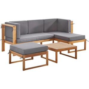 Ambia Garden Loungegarnitur, Grau, Akazie, Holz, Textil, 4-teilig, Akazie, vollmassiv, Füllung: Schaumstoff, Ottomane rechts, L-Form, 199x123.5 cm, wetterfest, Loungemöbel, Loungemöbel-Sets