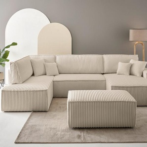 andas Wohnlandschaft FINNLEY U-Form XXL 329 cm, Schlafsofa, Schlaffunktion m. Bettkasten, (194/139 cm), Bouclé, Struktur und Cord