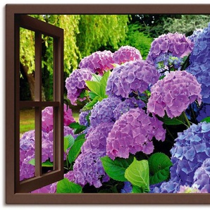 Artland Wandbild Fensterblick - Hortensien im Garten, Blumen (1 St), als Leinwandbild, Poster in verschied. Größen