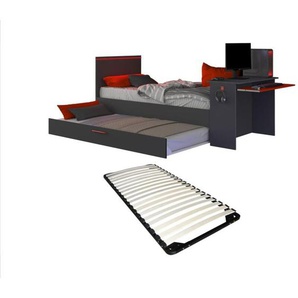 Ausziehbett Gamer mit Schreibtisch & LEDs + Lattenrost - 2 x 90 x 200 cm - Anthrazit & Rot - vouani