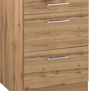 Auszugsunterschrank KOCHSTATION KS-Colmar, braun (wotaneiche), B:50cm H:85cm T:60cm, Holzwerkstoff, Schränke, 50 cm, mit Metallgriff, alles sofort greifbar dank zwei großer Auszüge