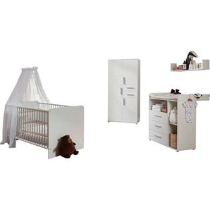 Babyzimmer-Komplettset BMG MÖBEL Lea Schlafzimmermöbel-Sets Gr. Mit Umbauseiten-Set + Kaltschaummatratze, weiß Baby Bett + Wickelkommode 3-trg. Schrank Wandboard