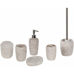 Badezimmer Set Weiß Naturstein Dolomit 6-teilig Terrazzo Optik Zahnputzbecher Seifenschale Seifenspender Toilettenbürste Becher Accessoires