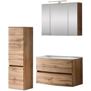 Badezimmer-Set WELLTIME Kaunas Kastenmöbel-Sets Gr. B/H/T: 120cm x 200cm x 49cm, braun (wotaneiche) bestehend aus Waschtisch-Set mit Midischrank, Breite 120 cm