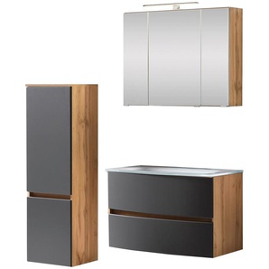 Badezimmer-Set WELLTIME Kaunas Kastenmöbel-Sets Gr. B/H/T: 120cm x 200cm x 49cm, grau (matt grau/wotaneiche) bestehend aus Waschtisch-Set mit Midischrank, Breite 120 cm