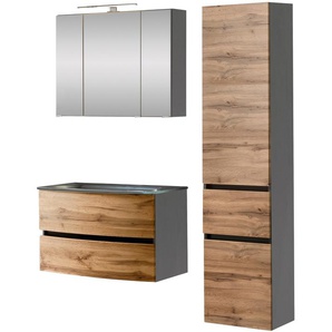 Badezimmer-Set WELLTIME Kaunas Kastenmöbel-Sets Gr. B/H/T: 120cm x 200cm x 49cm, grau (wotaneiche/grau) bestehend aus Waschtisch-Set mit Seitenschrank, Breite 120 cm