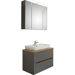 Badmöbel-Set SAPHIR Quickset 2-teilig, Keramik-Aufsatzbecken mit LED-Spiegelschrank Kastenmöbel-Sets grau (quarzgrau matt, akzent riviera eiche quer nb) 80 cm breit, 2 Schubladen, 3 Spiegeltüren, 6 Einlegeböden