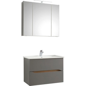 Badmöbel-Set SAPHIR Quickset 2-teilig, Keramikwaschtisch mit LED-Spiegelschrank Kastenmöbel-Sets grau (quarzgrau matt, akzent riviera eiche quer nb) 80 cm breit, 2 Schubladen, 3 Spiegeltüren, 6 Einlegeböden