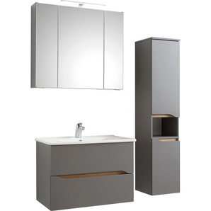 Badmöbel-Set SAPHIR Quickset 3-teilig, Keramikwaschtisch mit LED-Spiegelschrank Kastenmöbel-Sets grau (quarzgrau matt, akzent riviera eiche quer nb) Midischrank, inkl. Türdämpfer, 2 Schubladen, 5 Türen, 8 Einlegeböden