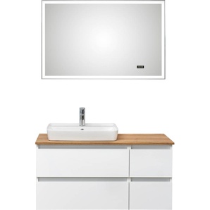 Badmöbel-Set SAPHIR Quickset 360 2-teilig, mit Keramik-Aufsatzbecken und LED-Spiegel Kastenmöbel-Sets Gr. B/H/T: 113 cm x 200 cm x 50 cm, weiß (weiß glanz) in Weiß Glanz, Riviera Eiche quer Nachbildung, 4 Schubladen