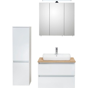 Badmöbel-Set SAPHIR Quickset 360 3-teilig, Keramik-Aufsatzbecken mit LED-Spiegelschrank Kastenmöbel-Sets weiß (weiß glanz/riviera eiche quer nachbildung) mit Midischrank, 5 Türen, 2 Schubladen, inkl. Türdämpfer