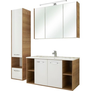 Badmöbel-Set SAPHIR Quickset 362 3-teilig, Mineralmarmor-Waschtisch und LED-Spiegelschrank Kastenmöbel-Sets Gr. B/T: 101cm x 46cm, weiß (riviera eiche quer nachbildung/weiß glanz) Weiß Hochglanz, Riviera Eiche Nachbildung, 6 Türen, 1 Schublade