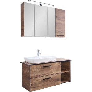 Badmöbel-Set SAPHIR Quickset 374 3-teilig, Keramik-Aufsatzbecken mit LED-Spiegelschrank Kastenmöbel-Sets Gr. B/H/T: 105cm x 200cm x 44,5cm, braun (eiche ribbeck quer nachbildung) Hängeschrank, 4 Türen, 2 Schubladen, inkl. Türdämpfer, Bad-Set