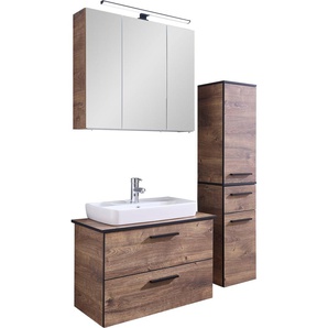 Badmöbel-Set SAPHIR Quickset 374 3-teilig, Keramik-Aufsatzbecken und LED-Spiegelschrank Kastenmöbel-Sets Gr. B/H/T: 75 cm x 200 cm x 44,5 cm, braun (eiche ribbeck quer nachbildung) Midischrank, inkl. Türdämpfer, 5 Türen, 3 Schubladen, Bad-Set