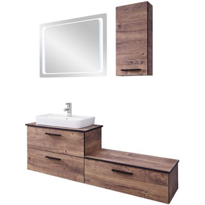 Badmöbel-Set SAPHIR Quickset 374 4-teilig, Keramik-Aufsatzbecken und LED-Spiegel Kastenmöbel-Sets Gr. B/T: 142cm x 44,5cm, braun (eiche ribbeck quer nachbildung) in Eiche Ribbeck Nachbildung, mit Unterschrank und Hängeschrank