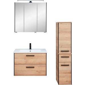 Badmöbel-Set SAPHIR Quickset 395 3-teilig, Keramikwaschtisch mit LED-Spiegelschrank Kastenmöbel-Sets Gr. Riviera Eiche quer Nachbildung mit schwarzem L-Profil vorne, braun Midischrank, inkl. Türdämpfer, 5 Türen, 3 Schubladen, Bad-Set