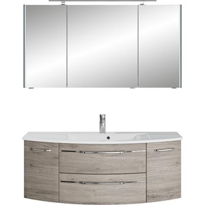 Badmöbel-Set SAPHIR Serie 7045 2-teilig Mineralmarmor-Waschtisch mit LED-Spiegelschrank Kastenmöbel-Sets Gr. B/H/T: 133,2 cm x 200 cm x 49,8 cm, braun (sanremo eiche quer nachbildung) Bad-Sparsets Badezimmer-Set 133,2 cm breit, inkl. Türdämpfer, 5 Türen,