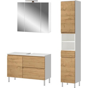 Badmöbel-Set Teramo bestehend aus Waschbeckenunterschrank, Hochschrank und Spiegelschrank, griffloser Optik