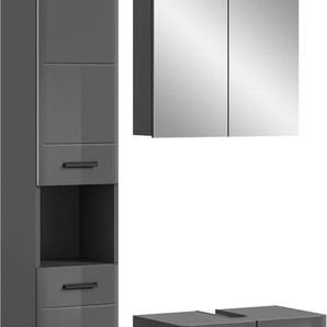 Badmöbel-Set WELLTIME Doux, bestehend aus: Hochschrank, Waschbeckenunterschrank Kastenmöbel-Sets Gr. B/H/T: 105cm x 190cm x 34cm, grau (grau / hochglanz) Spiegelschrank, hochwertige hochglanz MDF Front mit Rillenfräsung