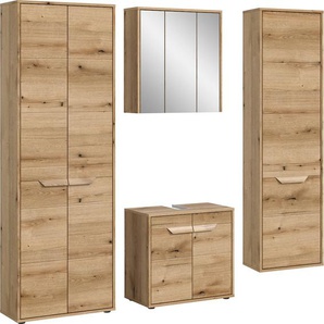 Badmöbel-Set WELLTIME Kayu, bestehend aus: 2 Hochschränken, Waschbeckenunterschrank Kastenmöbel-Sets Gr. B/H/T: 202cm x 189cm x 34cm, braun (evoke oak nachbildung) Spiegelschrank, hochwertige MDF Front mit Rillenfräsung, Bad, Bad Set