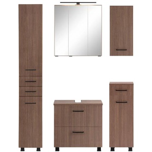 Badmöbel-Set WELLTIME Trento, Badezimmer-Set, Hängeschrank, Unterschrank, Hochschrank Kastenmöbel-Sets Gr. B/H/T: 120cm x 200cm x 35cm, braun (cannelloeiche) Waschbeckenunterschrank, Spiegelschrank inkl. Aufbauleuchte