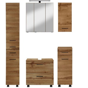 Badmöbel-Set WELLTIME Trento, Badezimmer-Set, Hängeschrank, Unterschrank, Hochschrank Kastenmöbel-Sets Gr. B/H/T: 120cm x 200cm x 35cm, braun (wotaneiche/wotaneiche) Waschbeckenunterschrank, Spiegelschrank inkl. Aufbauleuchte