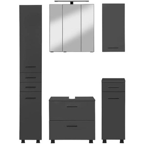 Badmöbel-Set WELLTIME Trento, Badezimmer-Set, Hängeschrank, Unterschrank, Hochschrank Kastenmöbel-Sets Gr. B/H/T: 120cm x 200cm x 35cm, grau (matt grau/grafit) Waschbeckenunterschrank, Spiegelschrank inkl. Aufbauleuchte