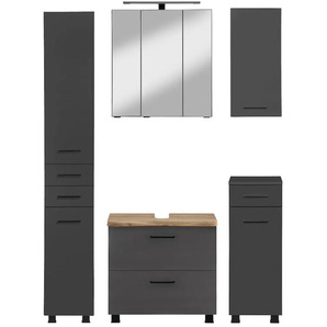 Badmöbel-Set WELLTIME Trento, Badezimmer-Set, Hängeschrank, Unterschrank, Hochschrank Kastenmöbel-Sets Gr. B/H/T: 120cm x 200cm x 35cm, grau (matt grau/grafit-baumkante) Waschbeckenunterschrank, Spiegelschrank inkl. Aufbauleuchte