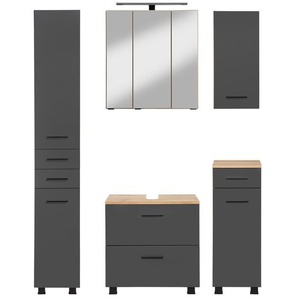 Badmöbel-Set WELLTIME Trento, Badezimmer-Set, Hängeschrank, Unterschrank, Hochschrank Kastenmöbel-Sets Gr. B/H/T: 120cm x 200cm x 35cm, grau (matt grau/wotaneiche) Waschbeckenunterschrank, Spiegelschrank inkl. Aufbauleuchte