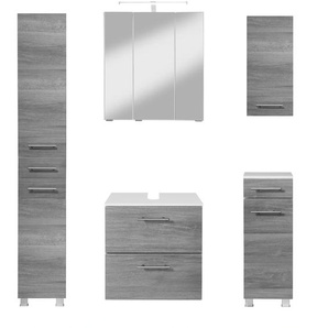 Badmöbel-Set WELLTIME Trento, Badezimmer-Set, Hängeschrank, Unterschrank, Hochschrank Kastenmöbel-Sets Gr. B/H/T: 120cm x 200cm x 35cm, silberfarben (eiche rauchsilber) Waschbeckenunterschrank, Spiegelschrank inkl. Aufbauleuchte