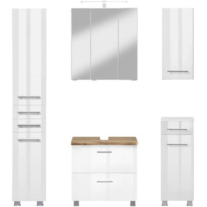 Badmöbel-Set WELLTIME Trento, Badezimmer-Set, Hängeschrank, Unterschrank, Hochschrank Kastenmöbel-Sets Gr. B/H/T: 120cm x 200cm x 35cm, weiß (hochglanz weiß-baumkante) Waschbeckenunterschrank, Spiegelschrank inkl. Aufbauleuchte