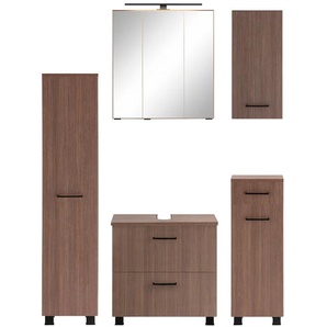 Badmöbel-Set WELLTIME Trento, Badezimmer-Set, Hängeschrank, Unterschrank, Midischrank Kastenmöbel-Sets Gr. B/H/T: 120cm x 200cm x 35cm, braun (cannelloeiche) Waschbeckenunterschrank, Spiegelschrank inkl. Aufbauleuchte